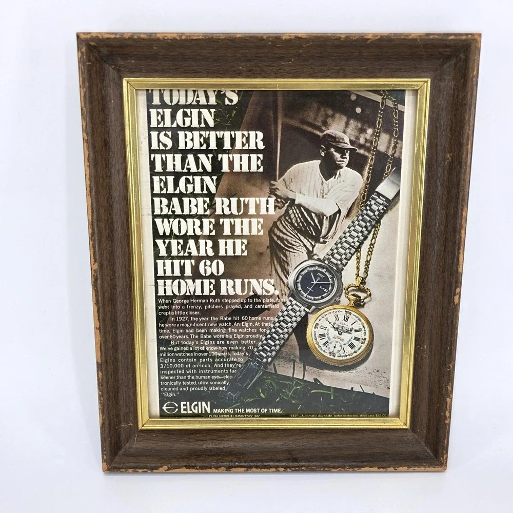 Vintage Framed Wall Art Babe Ruth Elgin Watch Magazine Ad Advertisement Man Cave